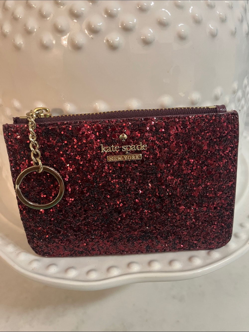 kate spade Glitter Zip Key Pouch with Gold Hardware